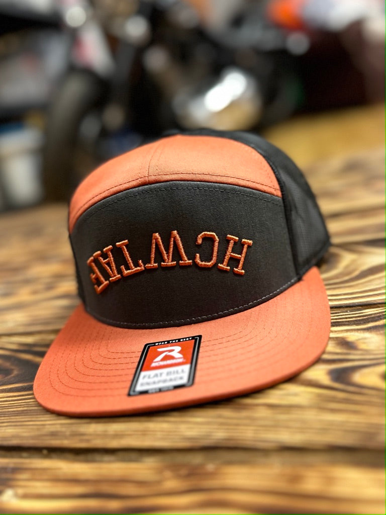 HCWTAF 7 Panel Flat Bill Trucker Cap - CHARC/BURNT ORANGE/BLACK - View 01