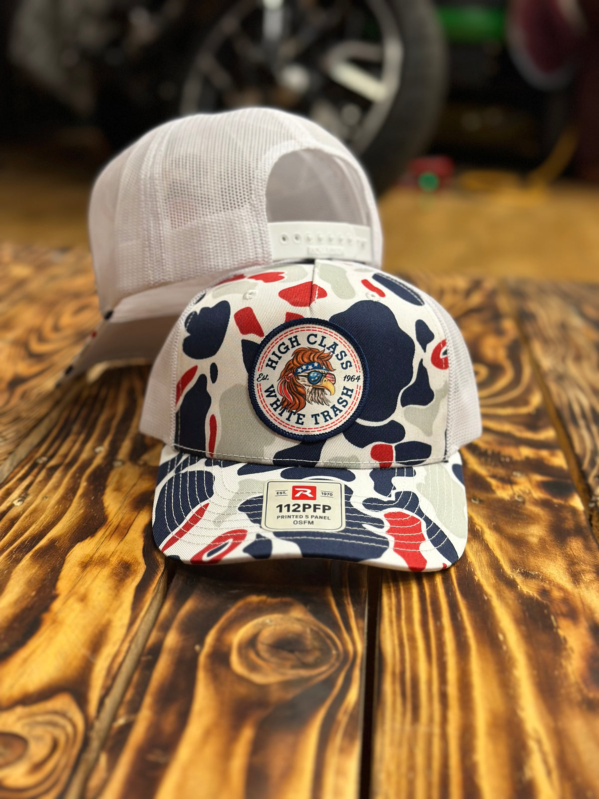 HCWT Mullet Eagle Patched RWB Camo/White Mesh Snap Back Trucker Cap