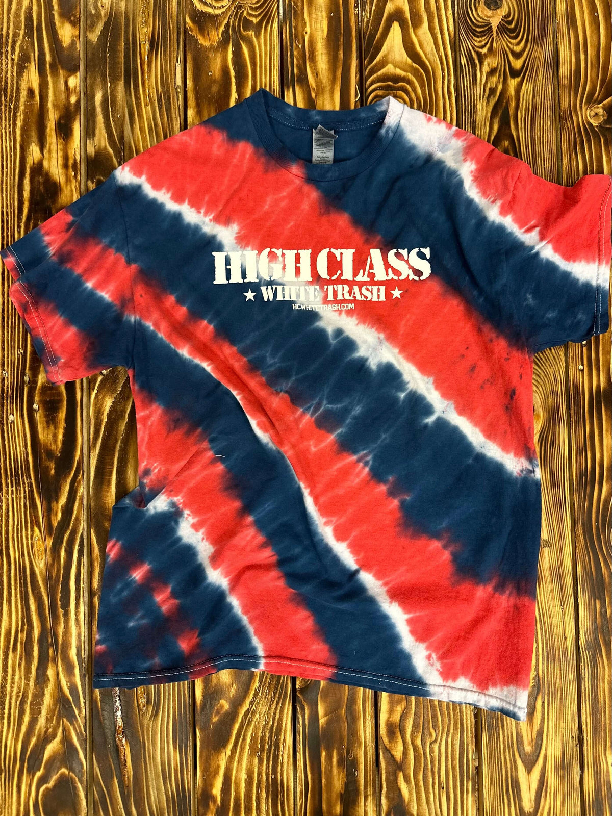 HCTW Stamped Tie Dye Tee (Red, White Blue Tilted Stripes)