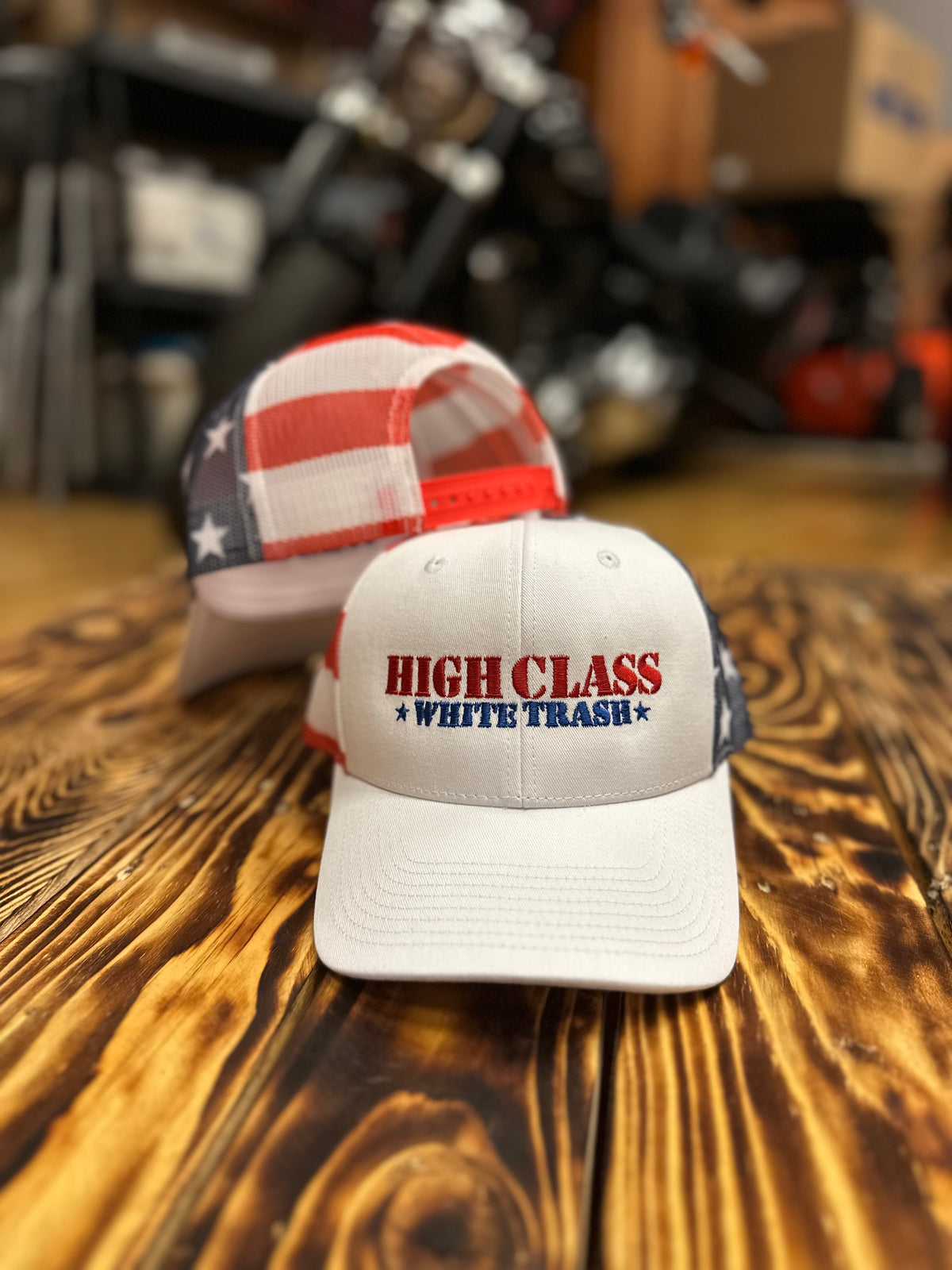 High Class White Trash ®  Embroidered White/Stars &amp; Stripes Snapback Trucker Cap