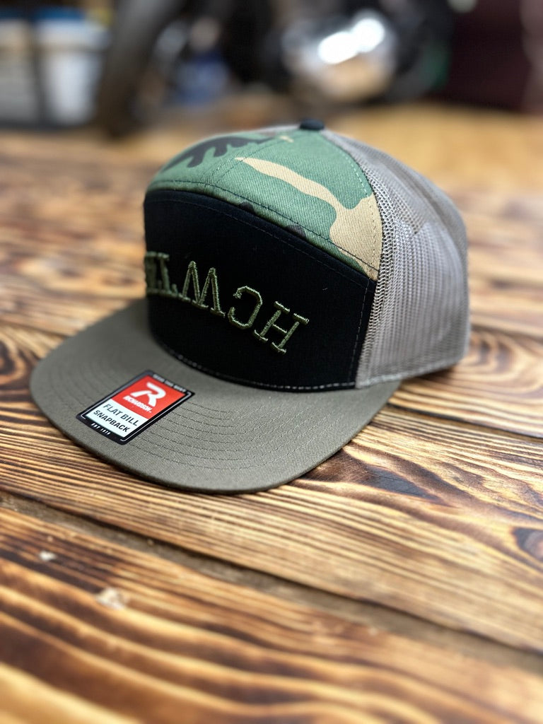 HCWTAF 7 Panel Flat Bill Trucker Cap - BLACK GREEN/CAMO/LODEN - View 01