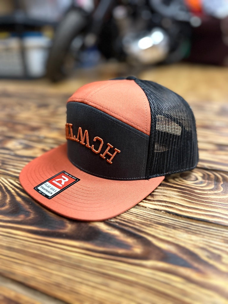 HCWTAF 7 Panel Flat Bill Trucker Cap - CHARC/BURNT ORANGE/BLACK