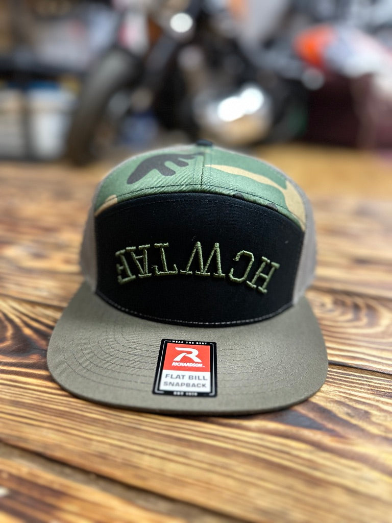HCWTAF 7 Panel Flat Bill Trucker Cap - BLACK GREEN/CAMO/LODEN - View 01