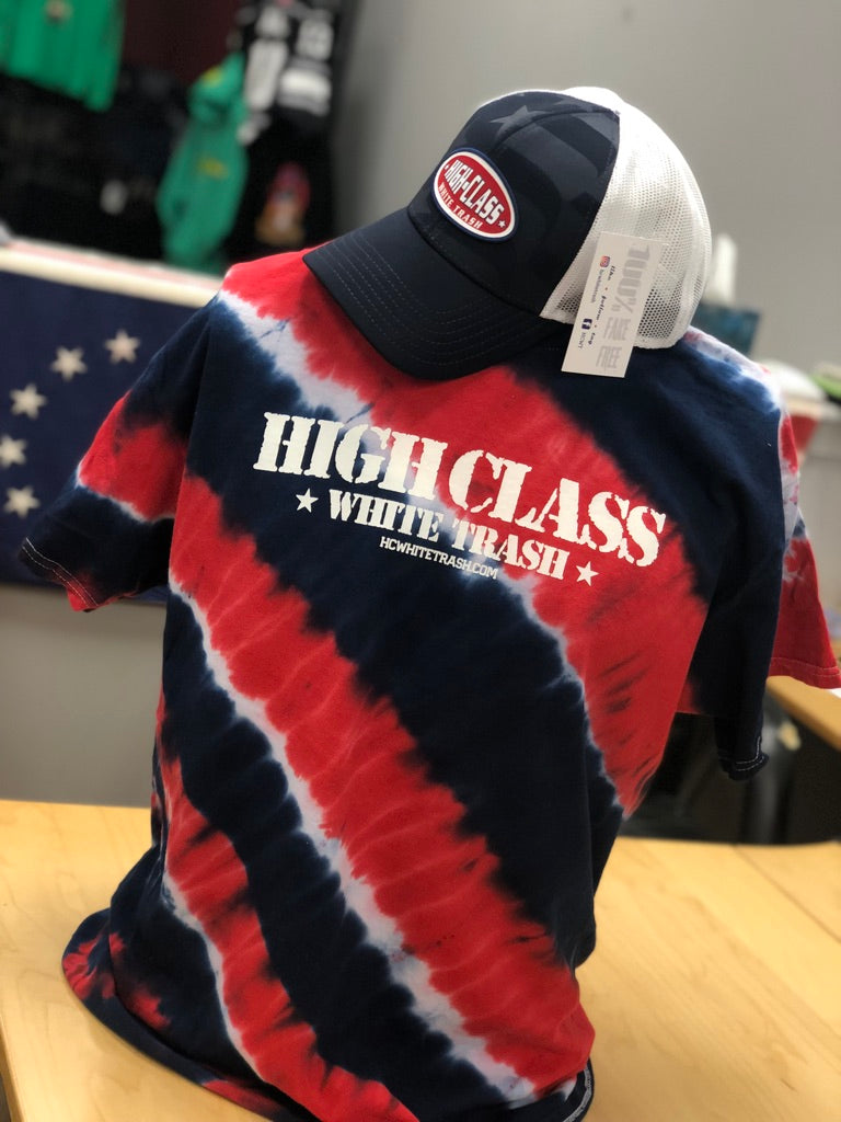 HCTW Stamped Tie Dye Tee (Red, White &amp; Blue Tilted Stripes)